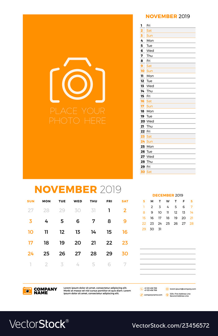 Wall calendar planner template for november 2019 vector image Wall calendar planner template for november 2019