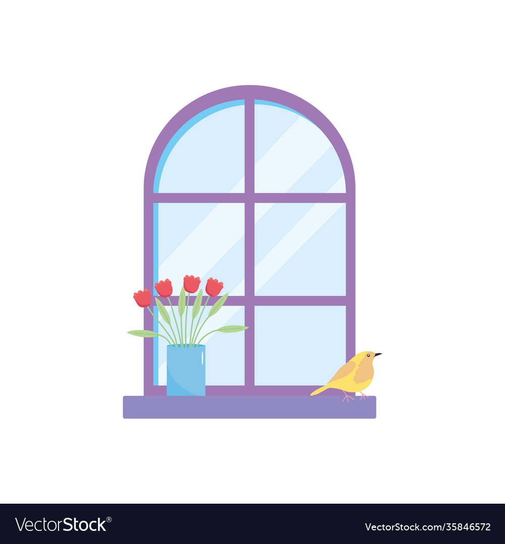 Window exterior with bird and flowers