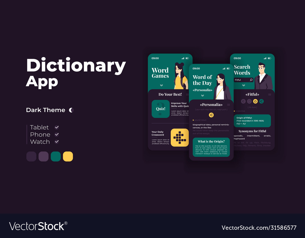 Dictionary app cartoon smartphone interface Vector Image Dictionary app cartoon smartphone interface Vector Image
