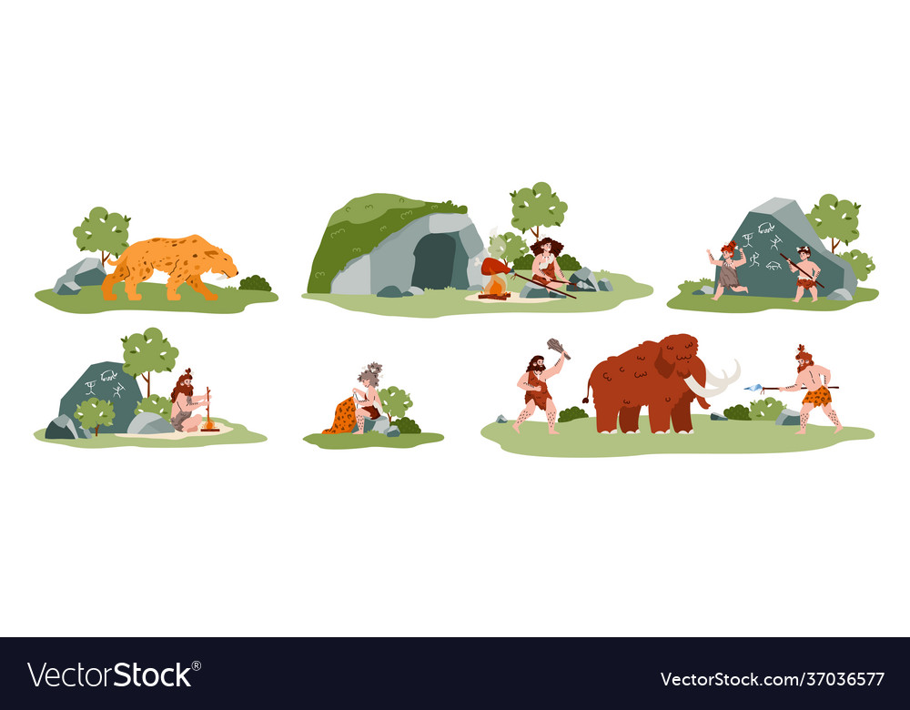 Prehistoric cave people life scenes set cartoon