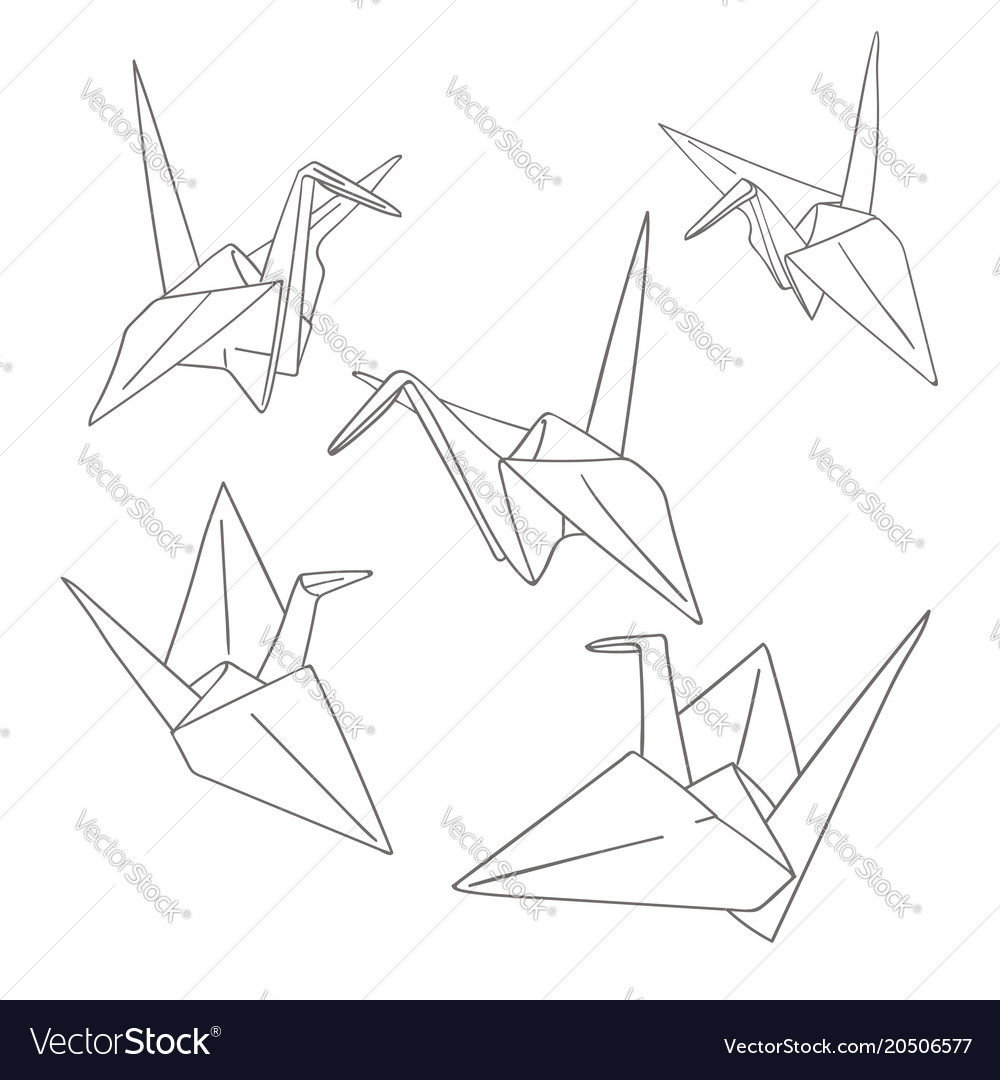 Set of outline paper origami birds isolated Vector Image