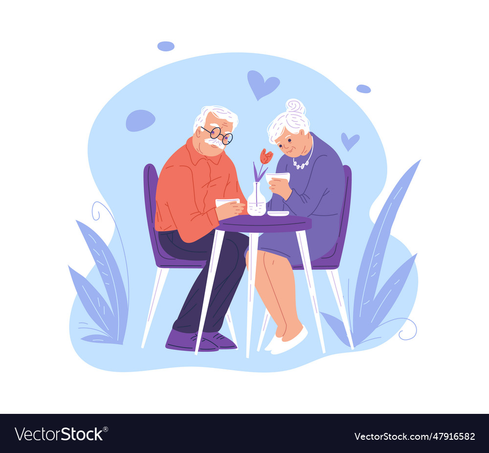 Cartoon grandparents sit at the table and drink