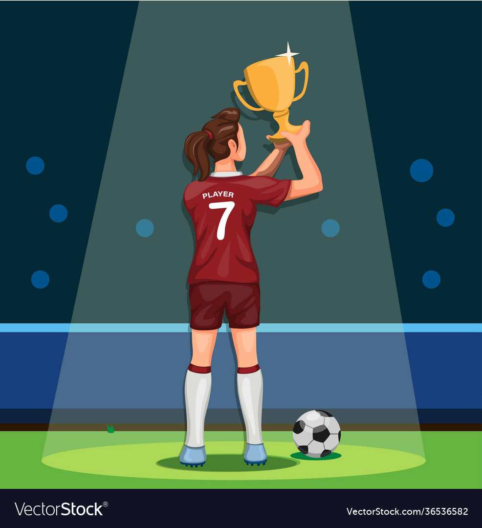 Soccer player female holding trophy winning