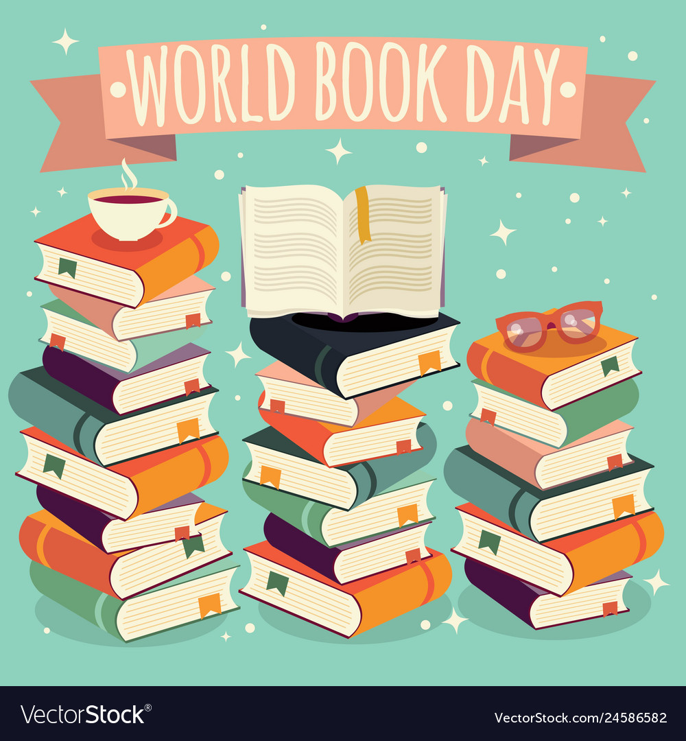 World book day open book on stack of books Vector Image