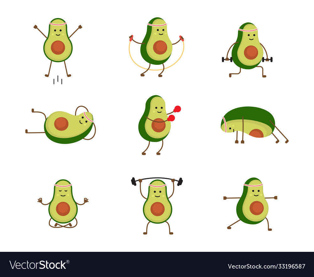 Cartoon color characters avocado sport set concept