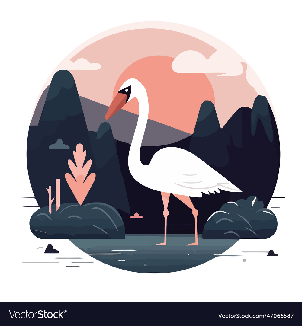 Cute swan walking on landscape backdrop