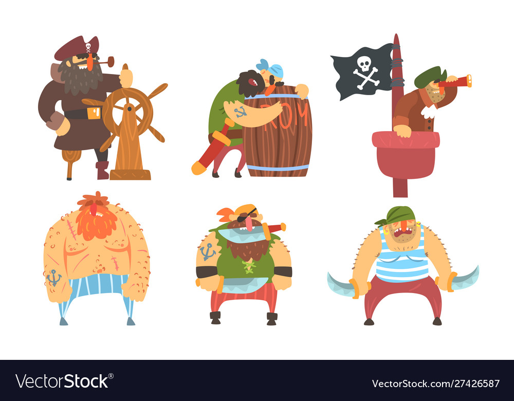 Funny brave sailors pirates and captain set male