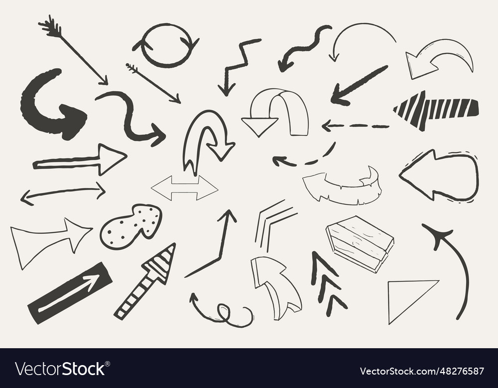 Set arrow pointer ink lines textured shapes hand vector image Set arrow pointer ink lines textured shapes hand