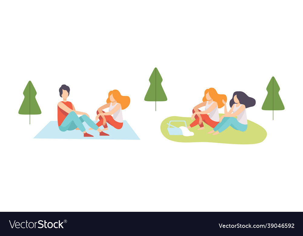 People character enjoying picnic in nature sitting