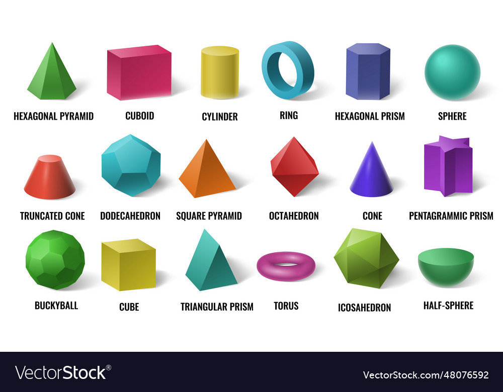 Realistic 3d color basic shapes solid colored Vector Image