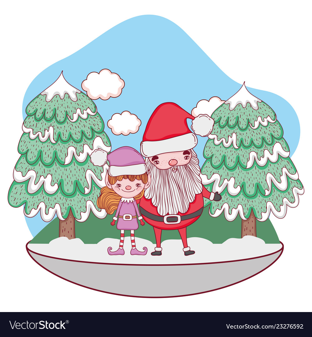 Santa claus with tree and helper in the snowscape vector image Santa claus with tree and helper in the snowscape