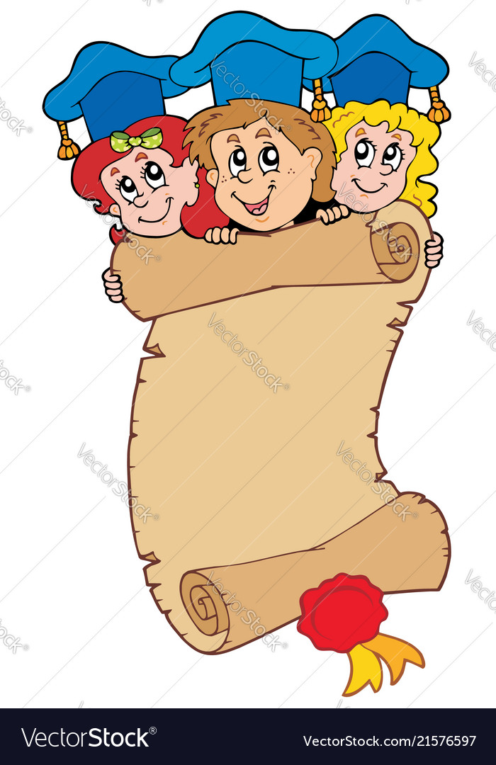 Three graduating kids with scroll Royalty Free Vector Image