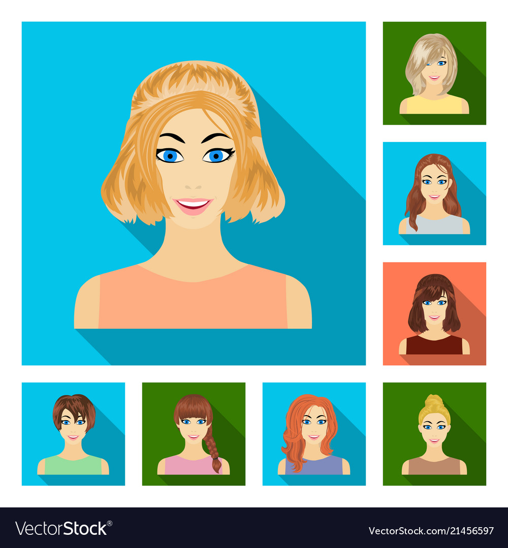 Types of female hairstyles flat icons in set