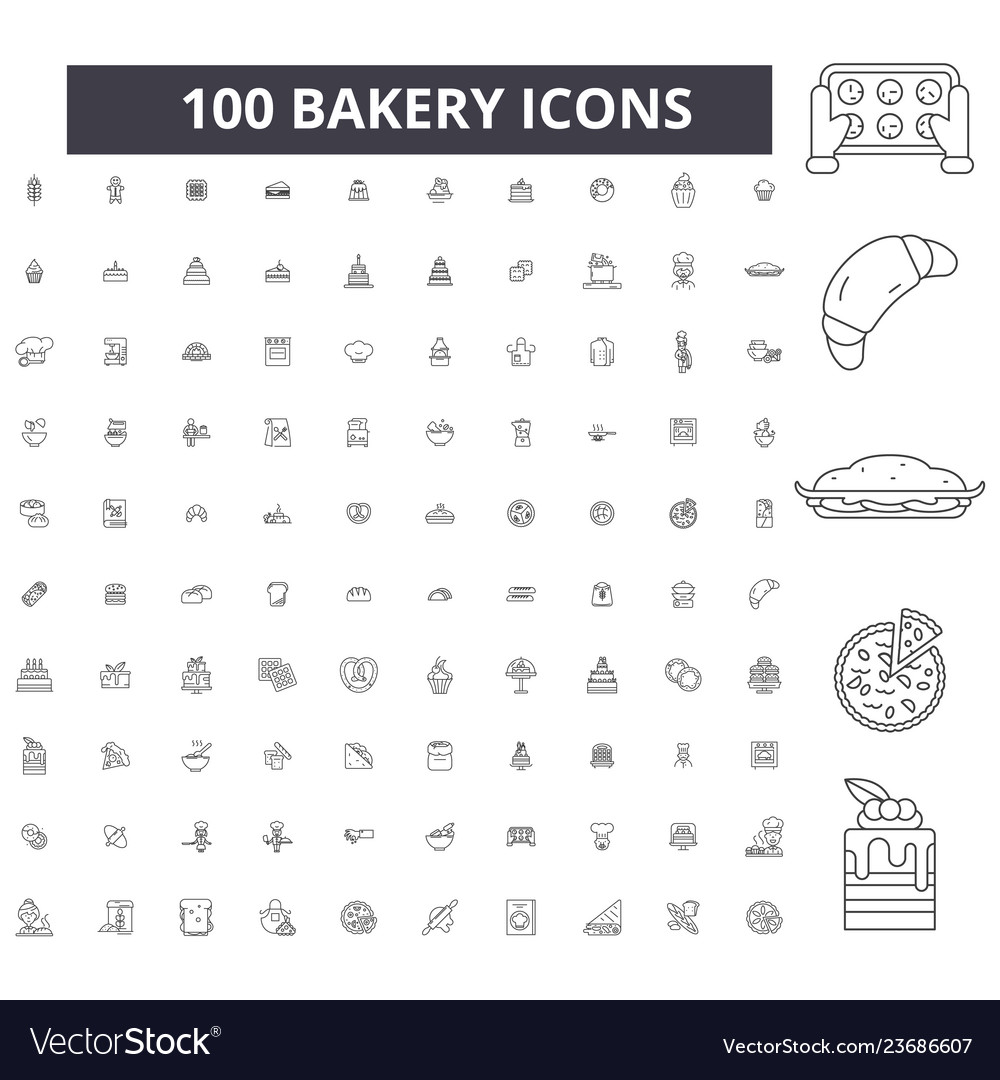 Bakery editable line icons 100 set Royalty Free Vector Image