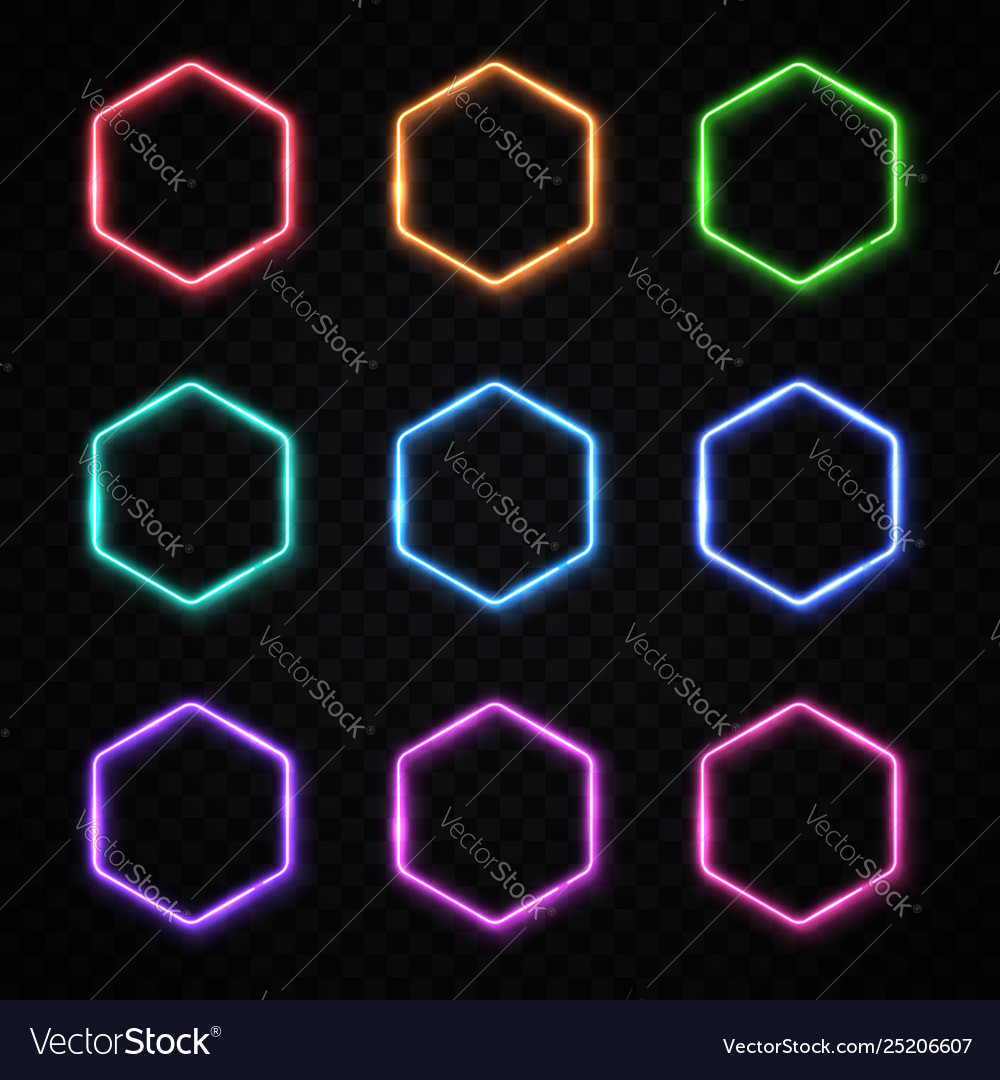 Hexagon Neon Banners Set Glowing Electric Borders Vector Image