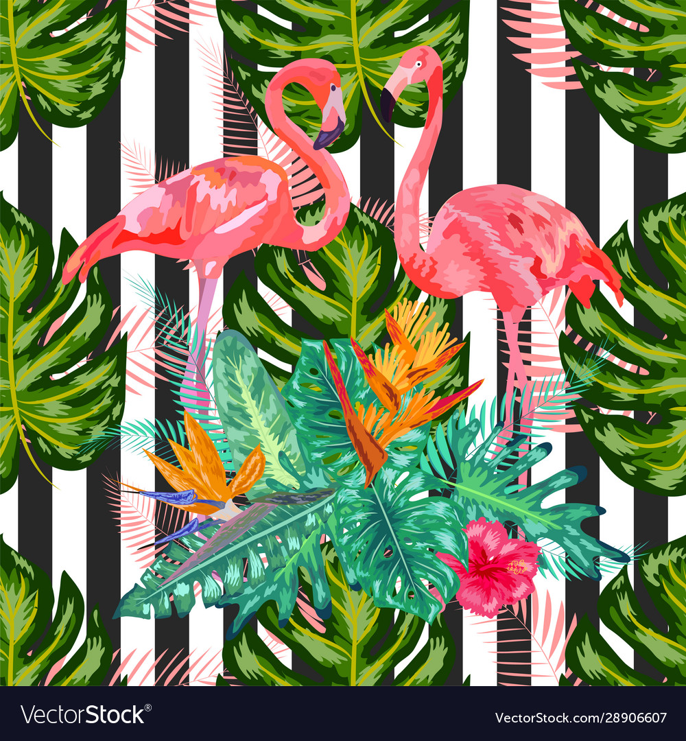 Pink flamingos hibiscus monstera banana leaf