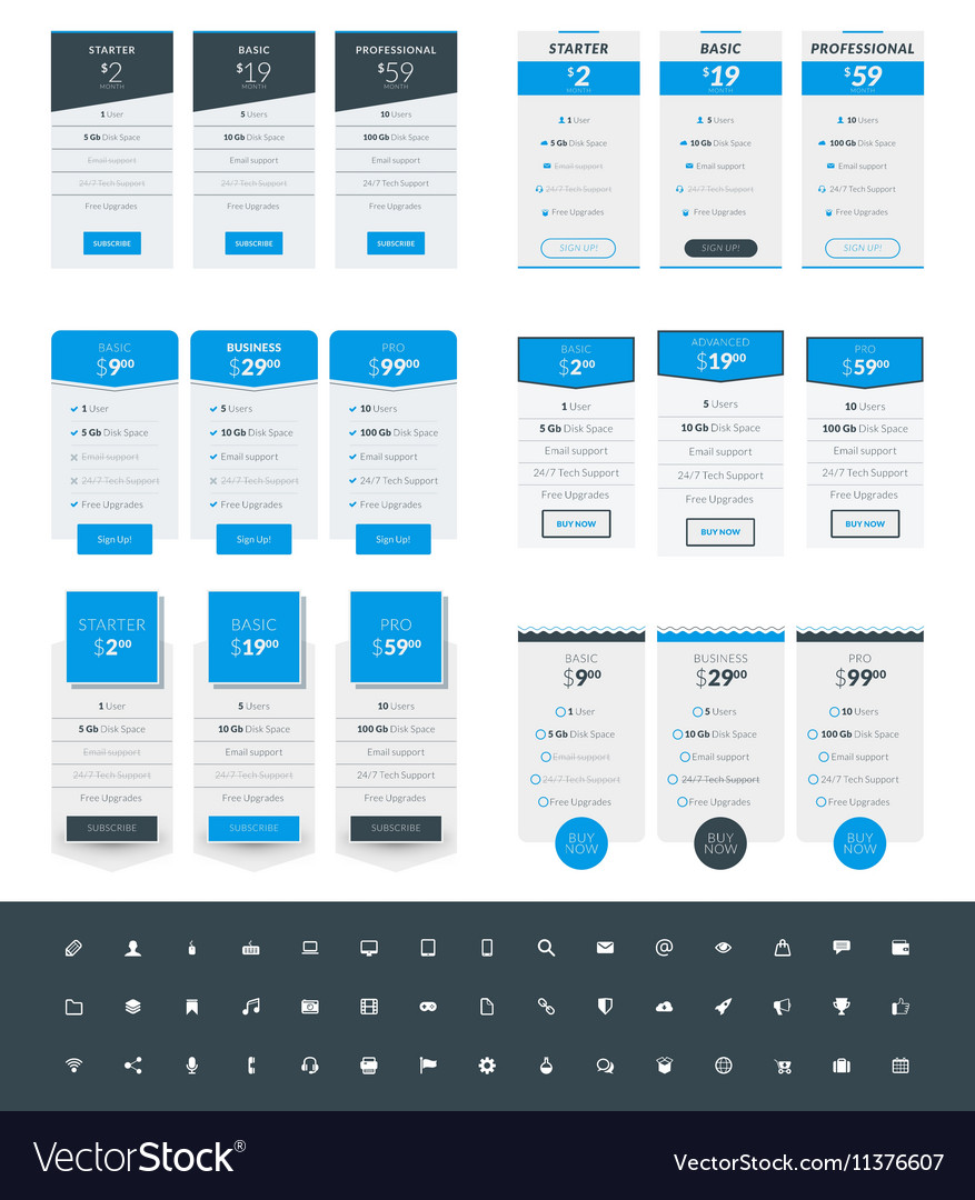 Set of pricing table design templates for websites