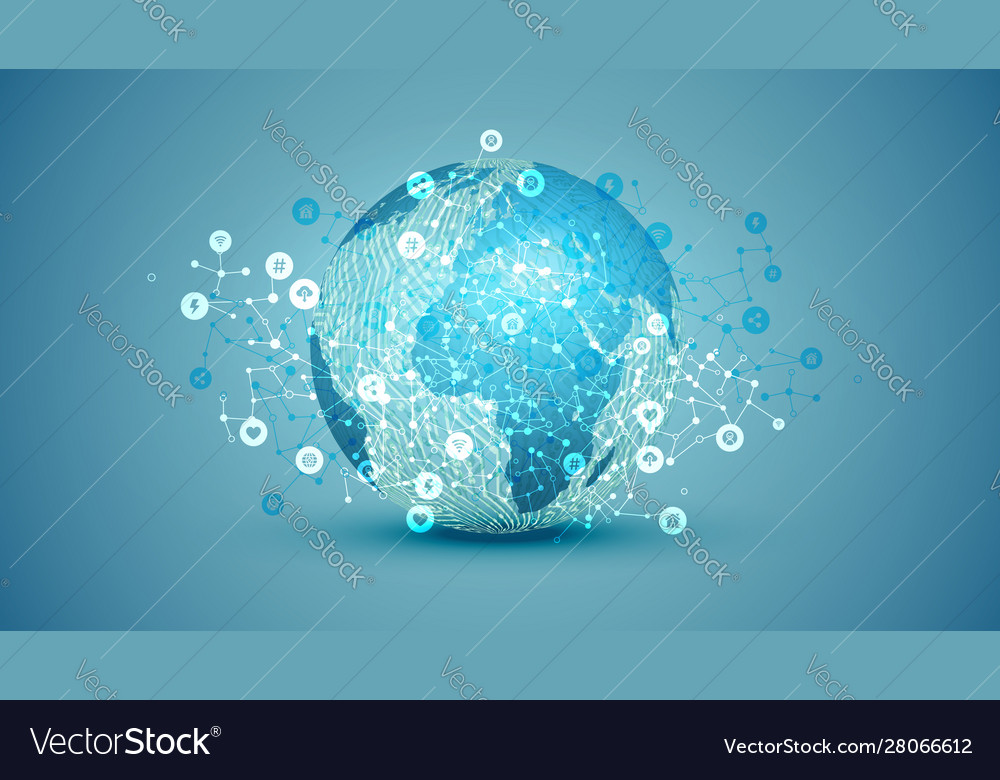 3d globe with connections and icons vector image 3d globe with connections and icons