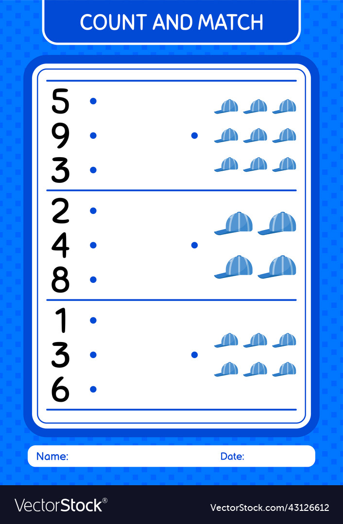 Count and match game with cap worksheet Vector Image Count and match game with cap worksheet