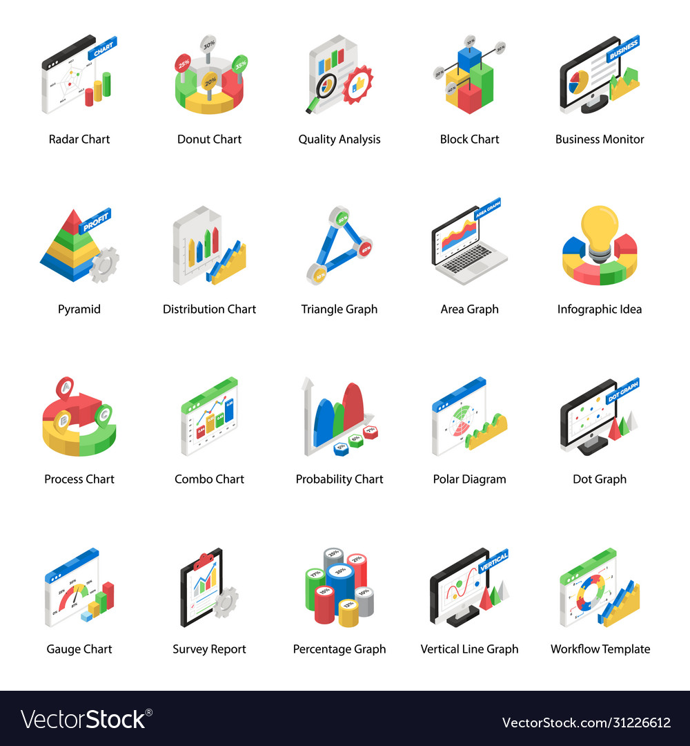 Isometric Data Charts & Graphs Icons