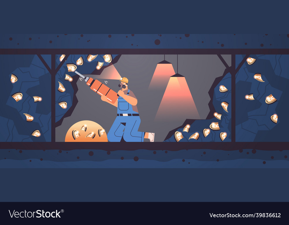 Man digging and extracting bitcoins in mine cave vector image Man digging and extracting bitcoins in mine cave