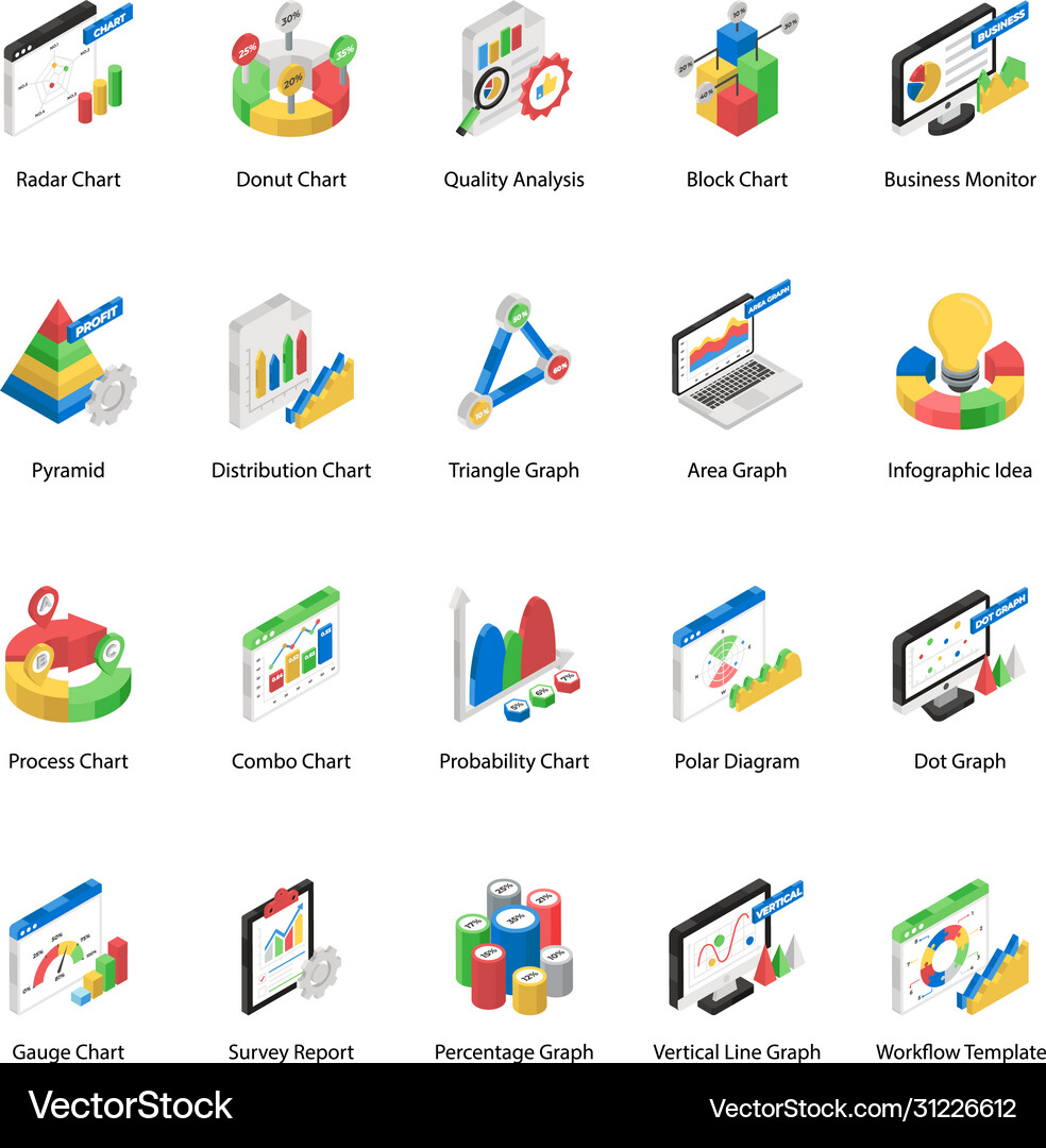 Pack graphs isometric icons Royalty Free Vector Image
