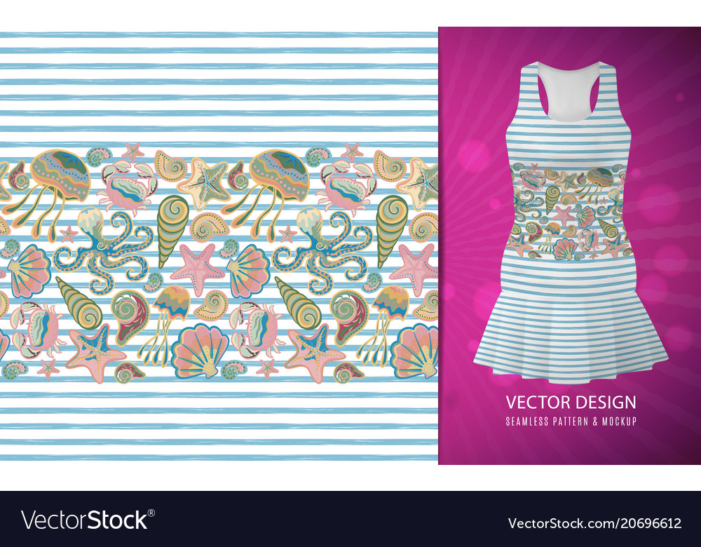 Seamless pattern of seashells on striped