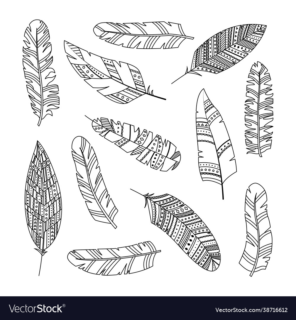 Set feathers in boho style with geometric