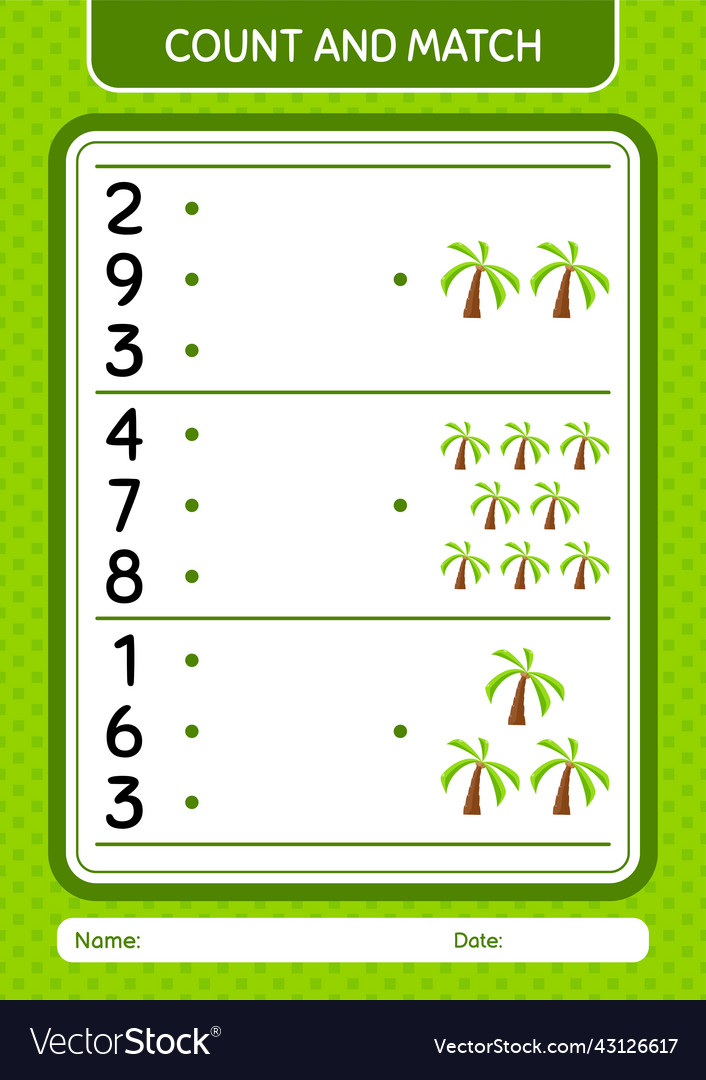 Count and match game with coconut tree worksheet