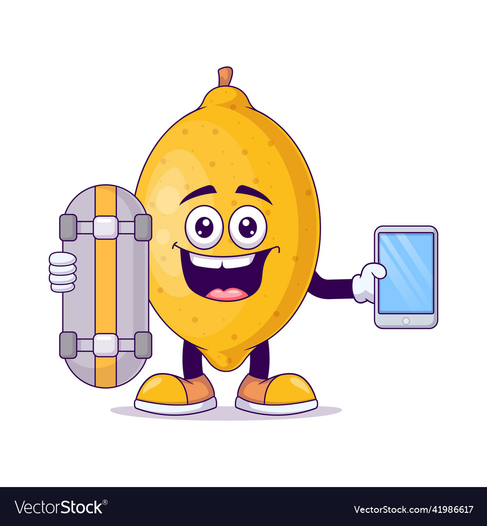 Lemon playing skateboard cartoon mascot character