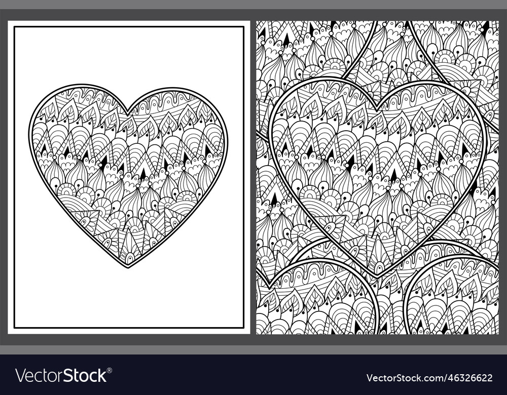 Black and white entangle heart coloring pages set