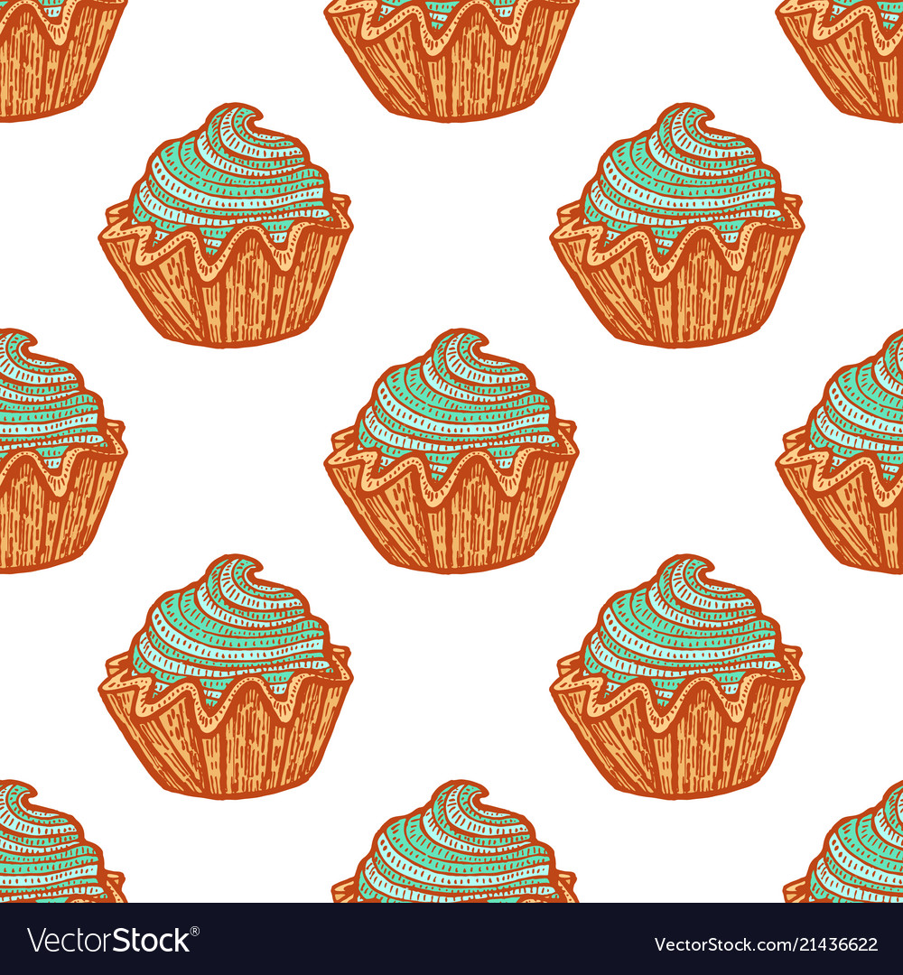 Colored seamless pattern with cupcakes in hand