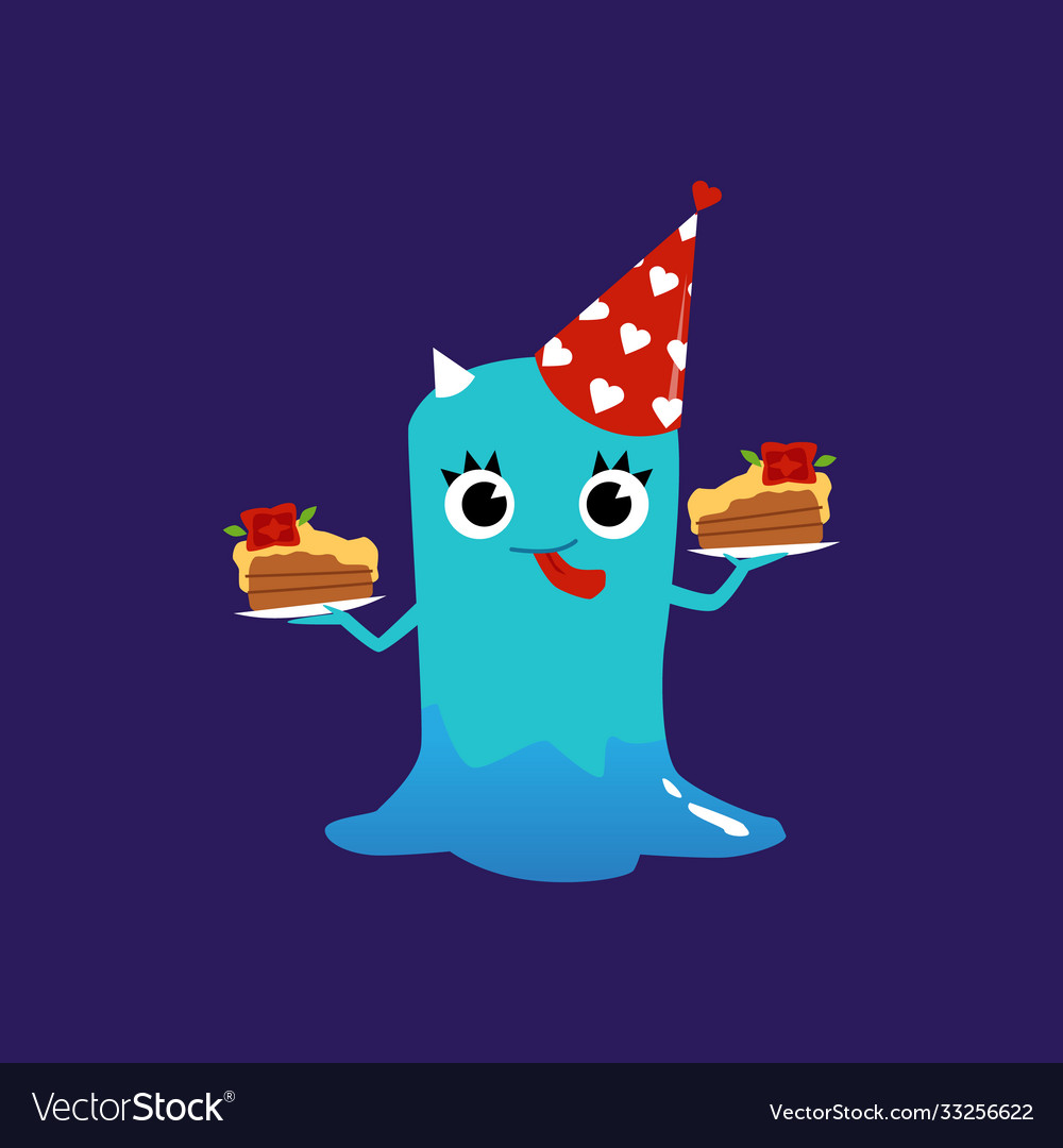 Cute fantasy slime monster or alien with cake