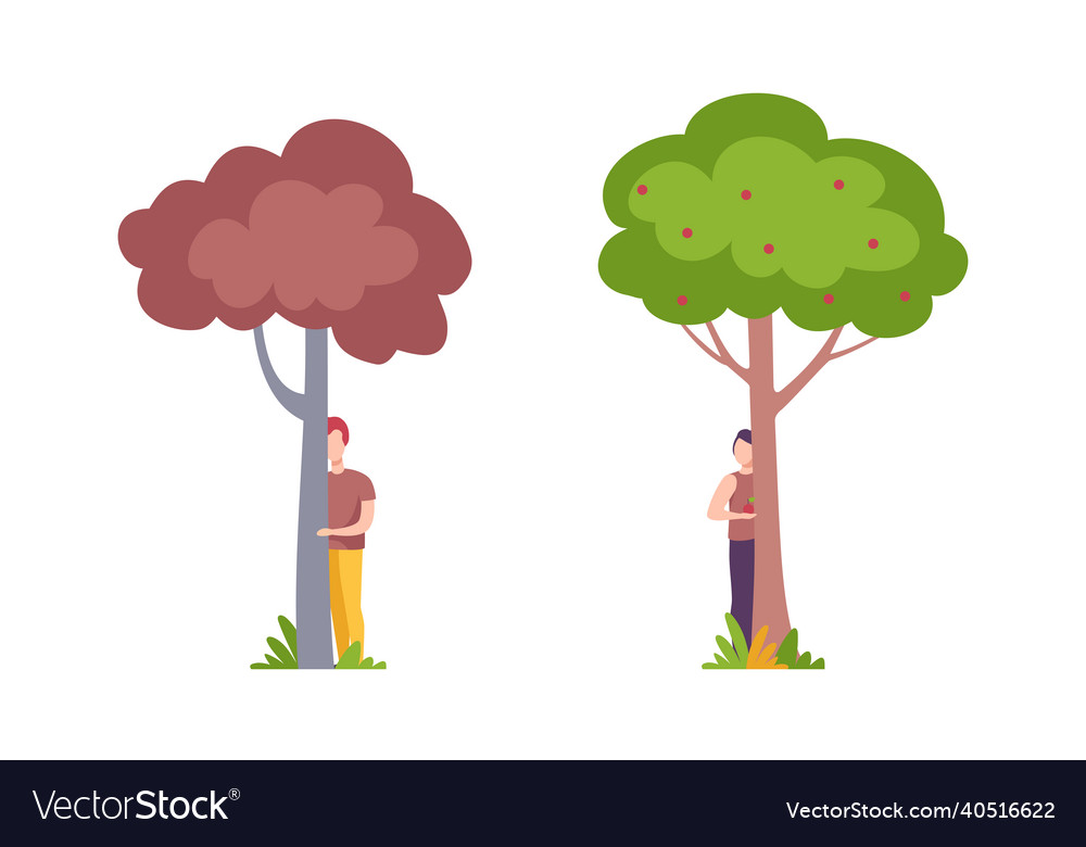Man character standing behind tree trunk peeking vector image Man character standing behind tree trunk peeking