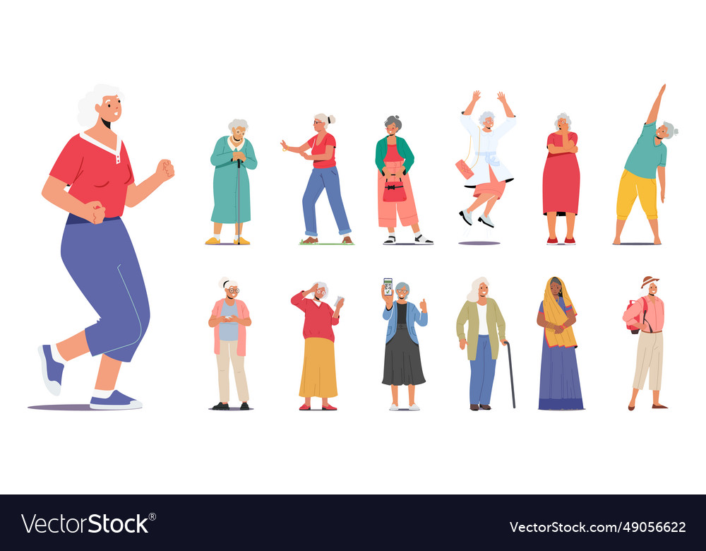 Set of senior female characters doing sport