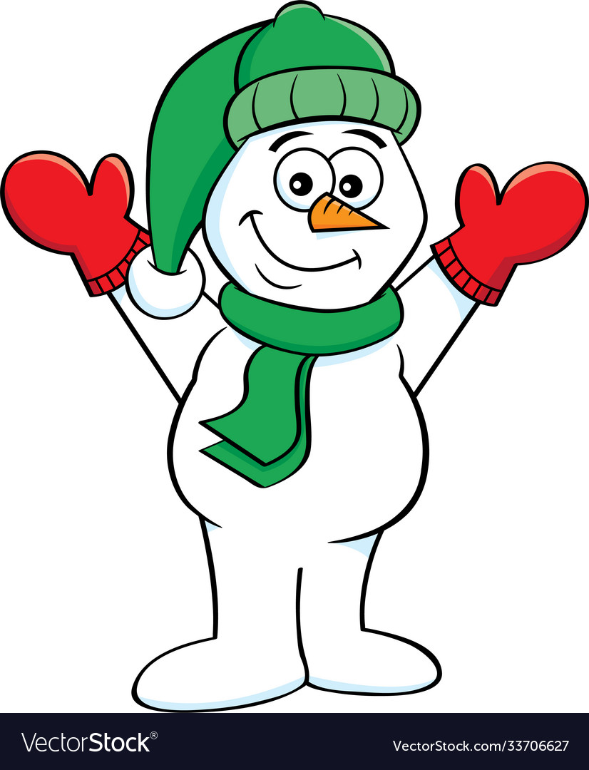 Cartoon happy snowman with his arms in air