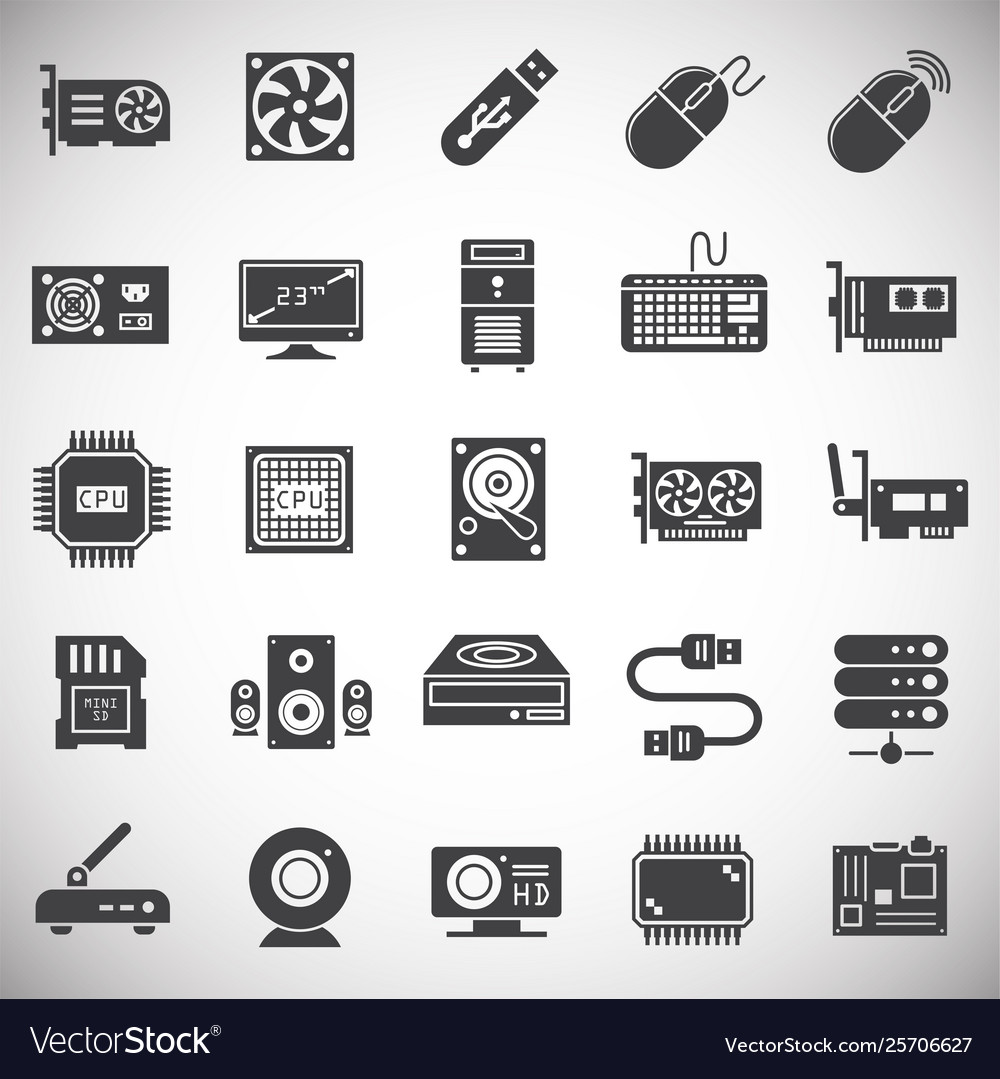 Computer hardware icons set on background vector image Computer hardware icons set on background