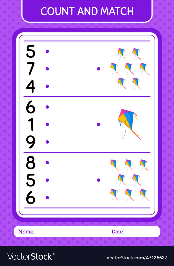 Count and match game with kite worksheet vector image Count and match game with kite worksheet