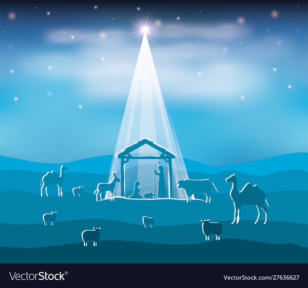 Cute holy family and animals in stable manger