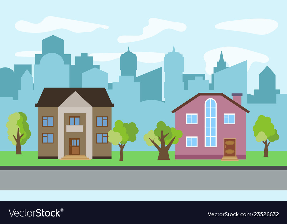 City with two twostory cartoon houses Royalty Free Vector