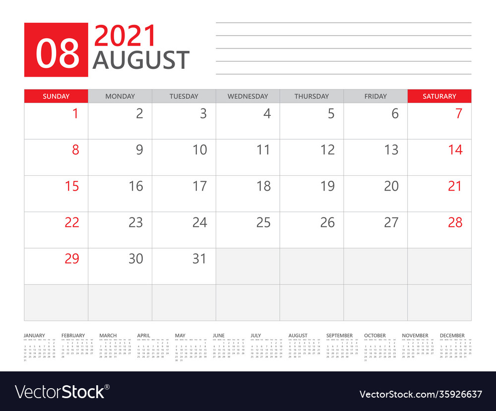 August 2021 calendar planner set for template