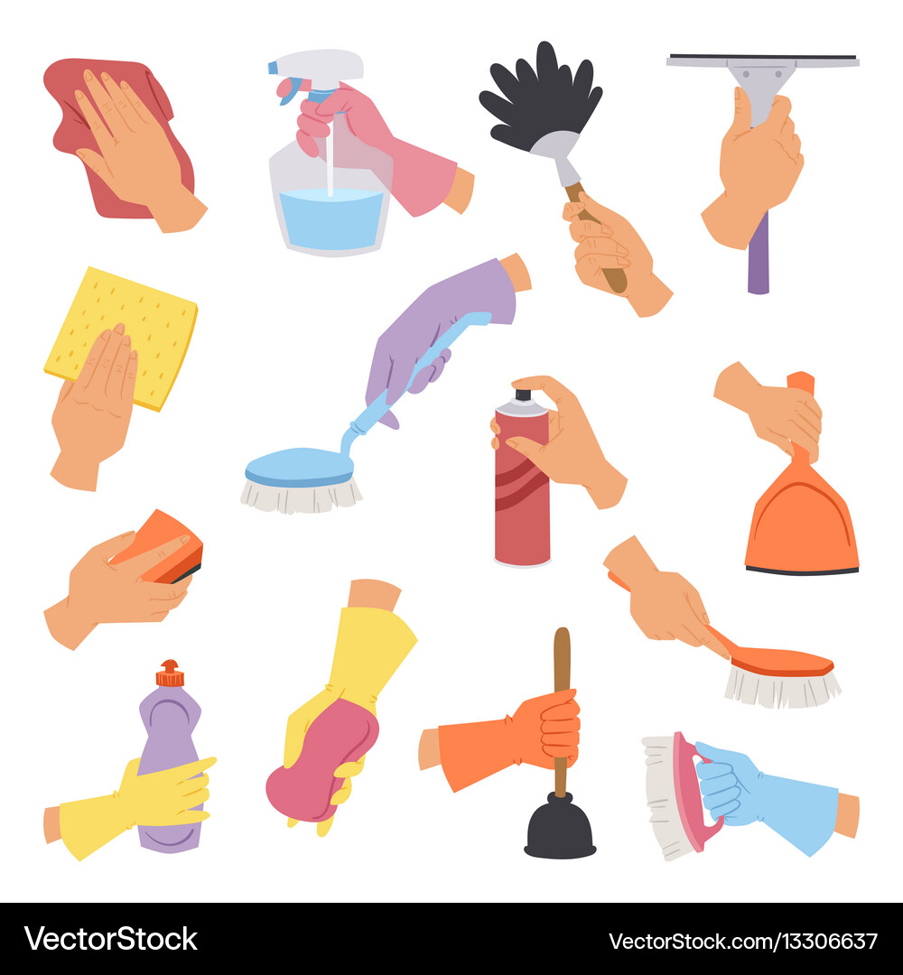 Cleaning Tools & Hands Flat Vector Royalty Free Vector