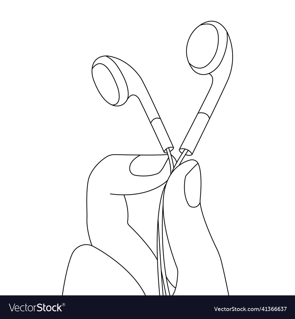 Hand holds headphones drawn by lines vector image Hand holds headphones drawn by lines