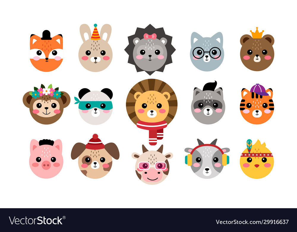 Kawaii set cute animal portraits vector image Kawaii set cute animal portraits