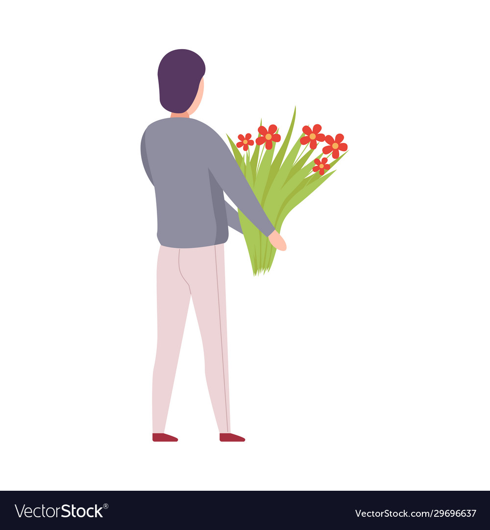Young man holding bouquet flowers holiday vector image Young man holding bouquet flowers holiday