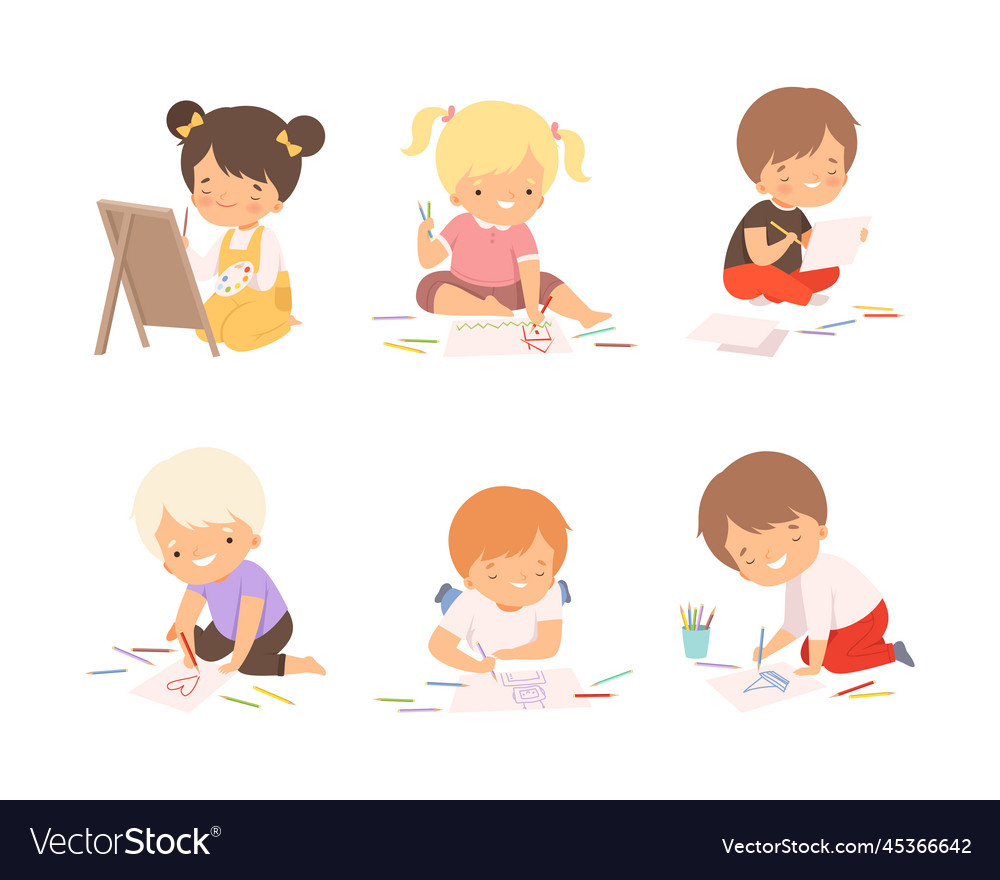 Cute boys and girls sitting painting drawings set