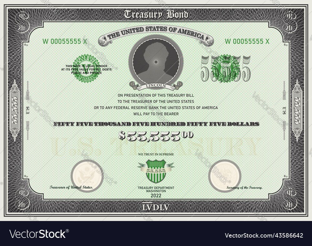 Fictional 55555 dollars us treasury bond frame Vector Image