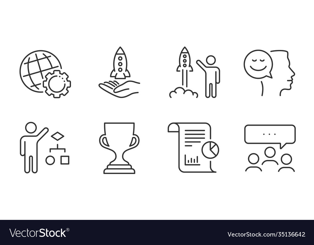 Report meeting and algorithm icons set launch Vector Image Report meeting and algorithm icons set launch