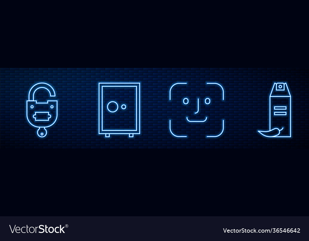 Set line face recognition lock and key safe vector image Set line face recognition lock and key safe