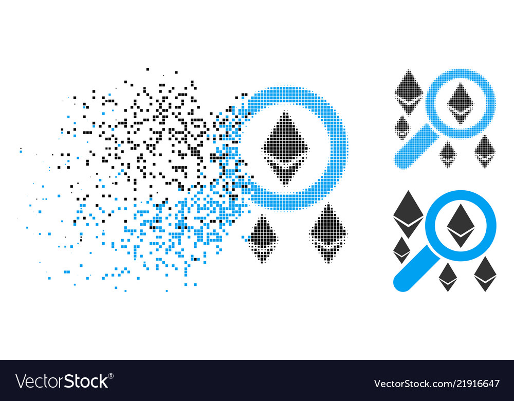 Disintegrating dot halftone search ethereum icon vector image Disintegrating dot halftone search ethereum icon
